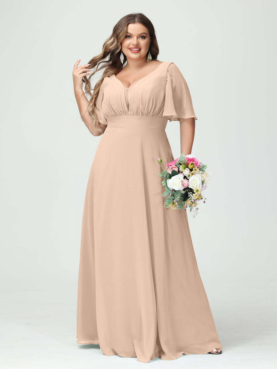 Plus Size Chiffon Bridesmaid Dresses with Pockets in A-Line/Princess V-Neck Half Sleeves