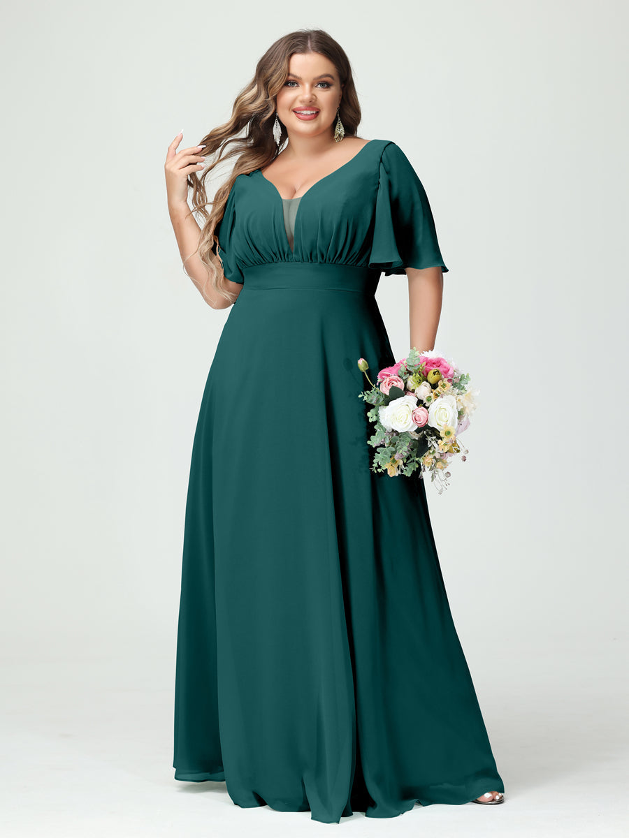 Plus Size Chiffon Bridesmaid Dresses with Pockets in A-Line/Princess V-Neck Half Sleeves