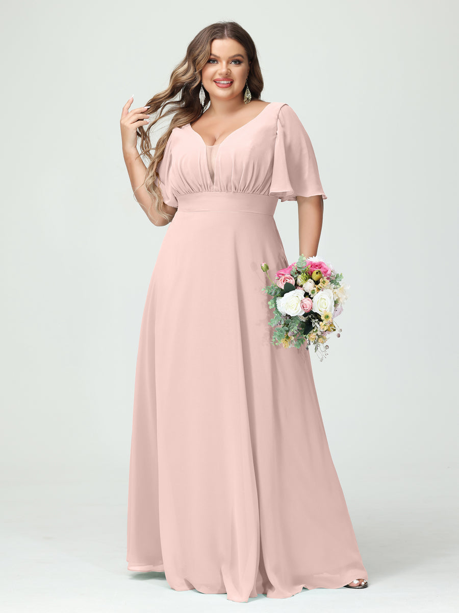 Plus Size Chiffon Bridesmaid Dresses with Pockets in A-Line/Princess V-Neck Half Sleeves
