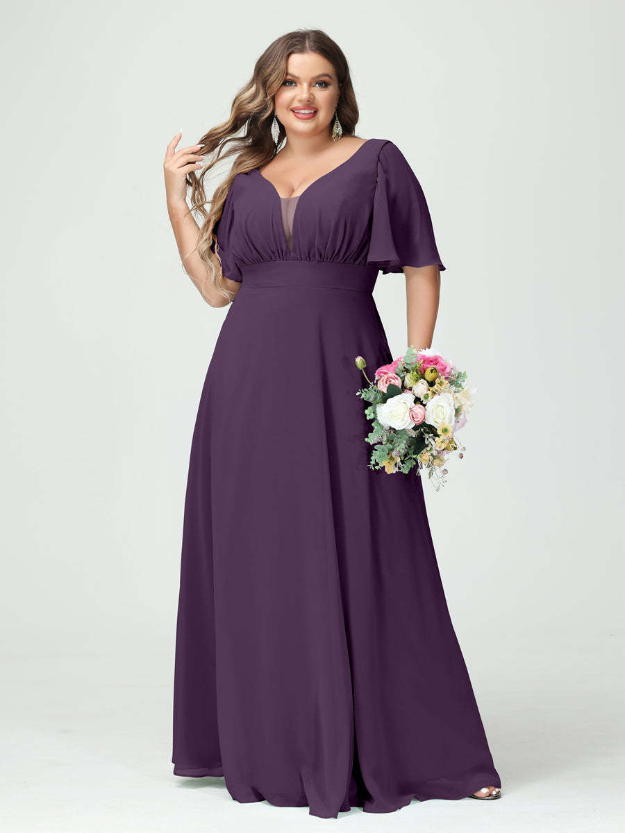 Plus Size Chiffon Bridesmaid Dresses with Pockets in A-Line/Princess V-Neck Half Sleeves