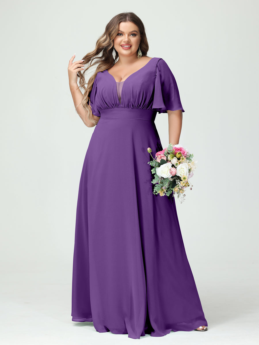 Plus Size Chiffon Bridesmaid Dresses with Pockets in A-Line/Princess V-Neck Half Sleeves