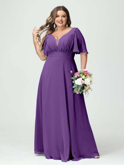 Plus Size Chiffon Bridesmaid Dresses with Pockets in A-Line/Princess V-Neck Half Sleeves