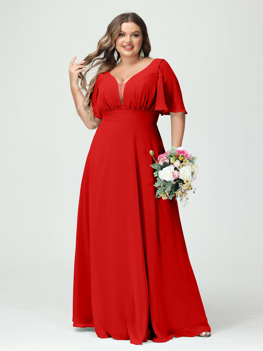 Plus Size Chiffon Bridesmaid Dresses with Pockets in A-Line/Princess V-Neck Half Sleeves