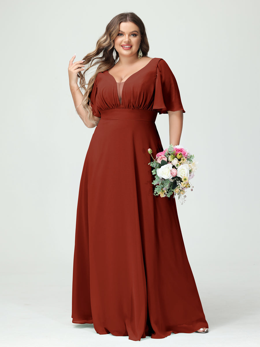 Plus Size Chiffon Bridesmaid Dresses with Pockets in A-Line/Princess V-Neck Half Sleeves