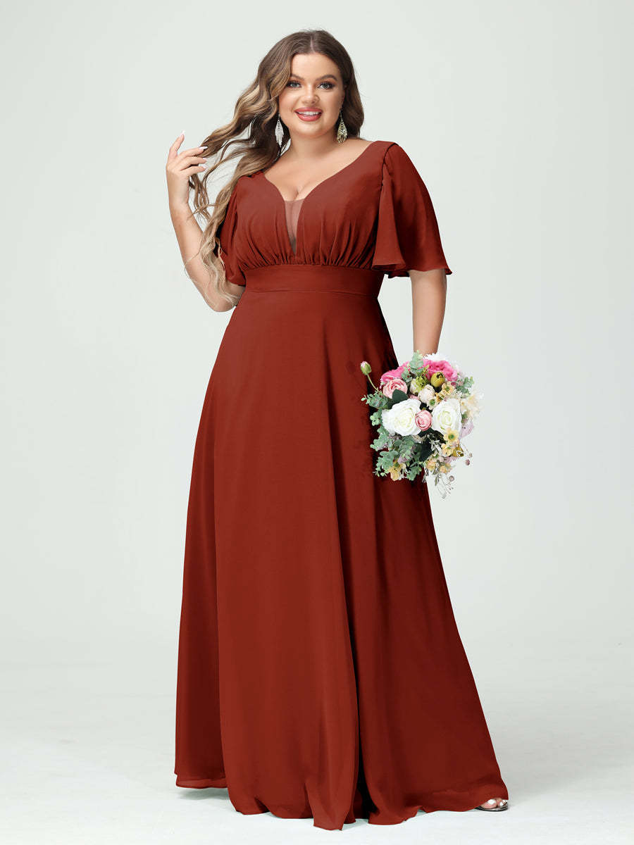 Plus Size Chiffon Bridesmaid Dresses with Pockets in A-Line/Princess V-Neck Half Sleeves