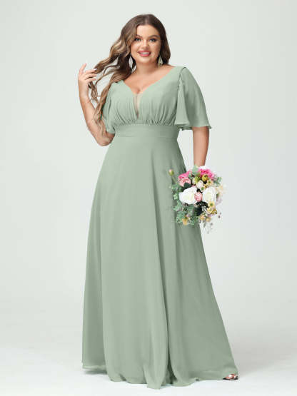 Plus Size Chiffon Bridesmaid Dresses with Pockets in A-Line/Princess V-Neck Half Sleeves