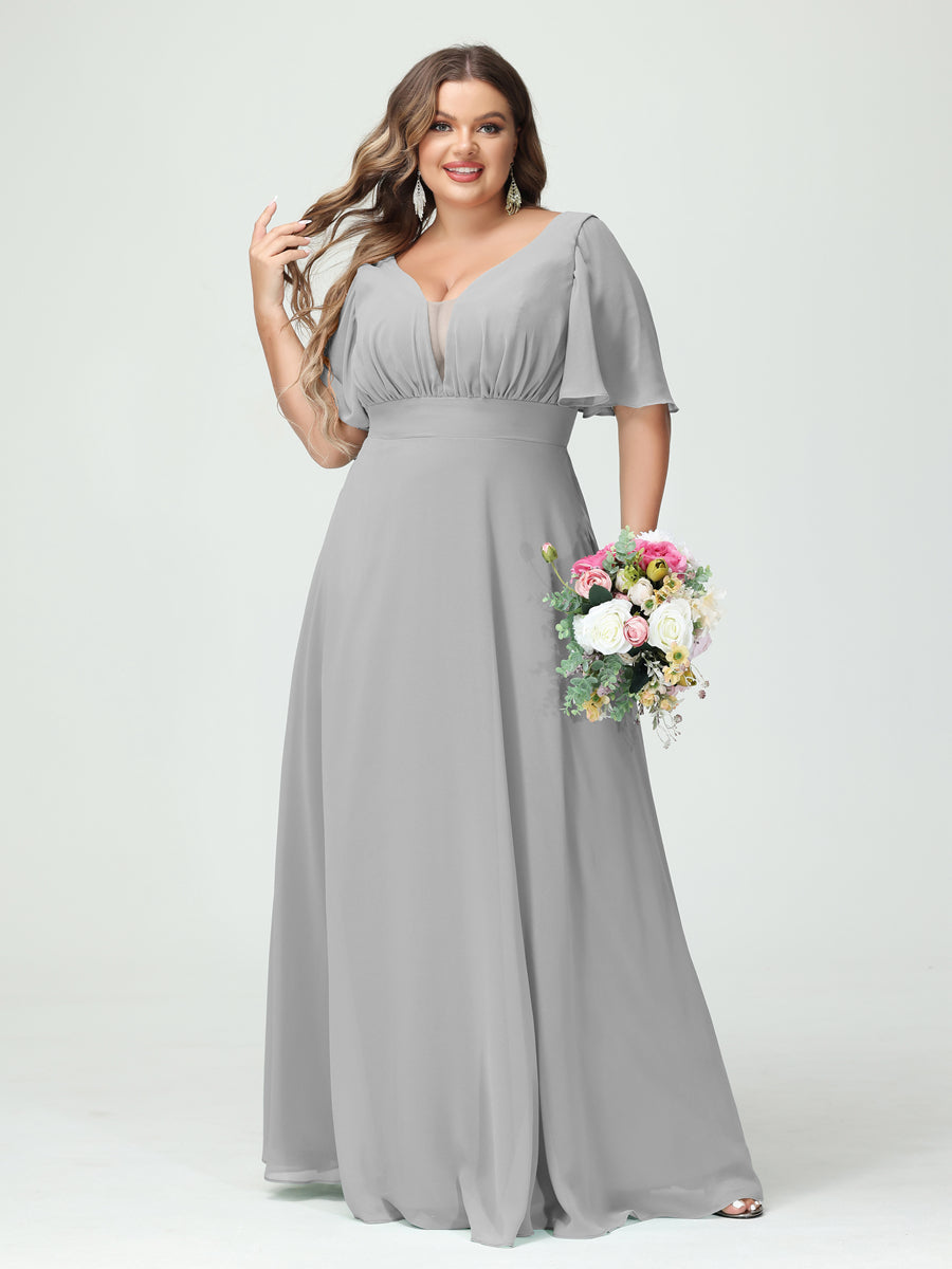 Plus Size Chiffon Bridesmaid Dresses with Pockets in A-Line/Princess V-Neck Half Sleeves