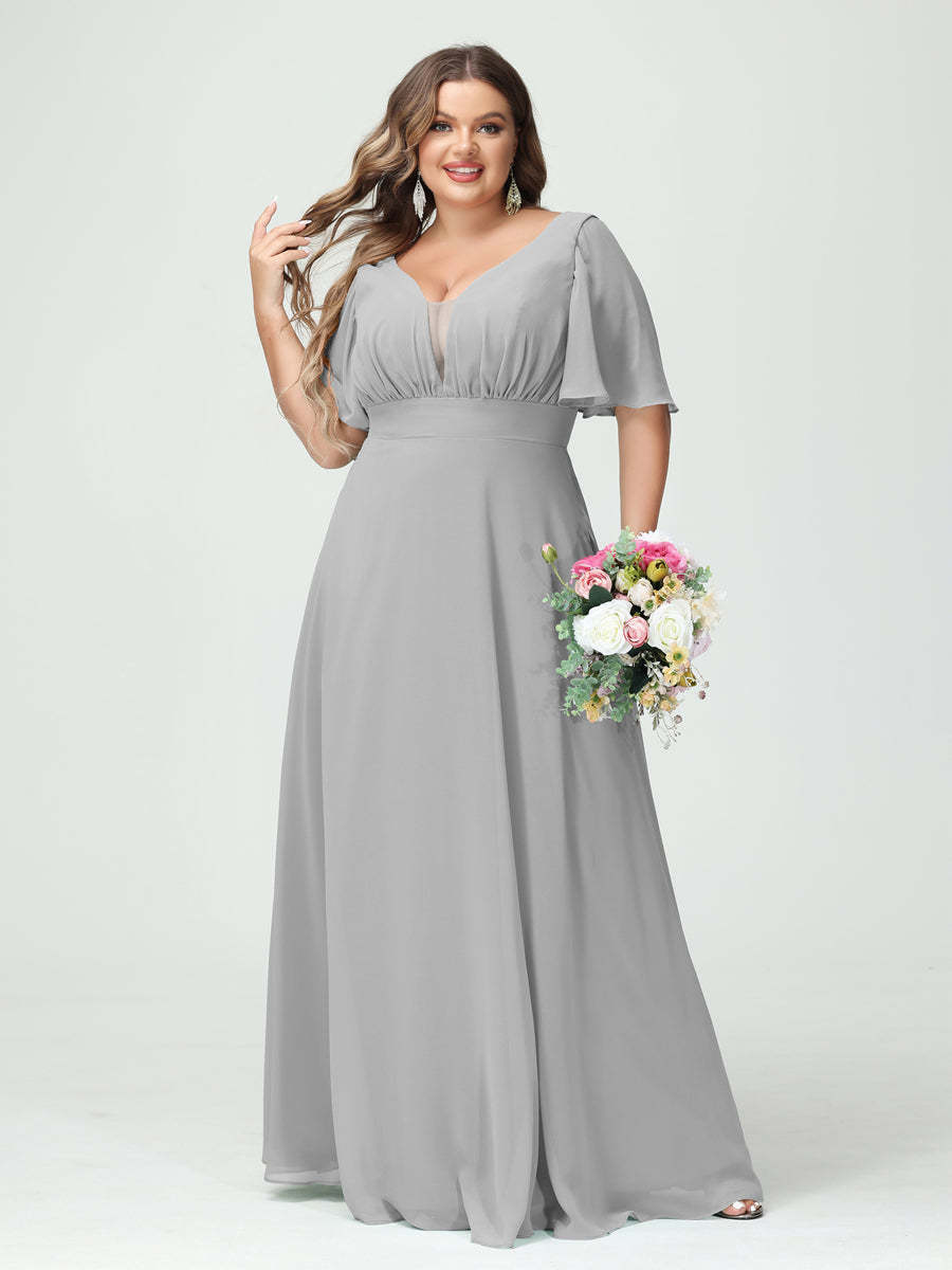 Plus Size Chiffon Bridesmaid Dresses with Pockets in A-Line/Princess V-Neck Half Sleeves