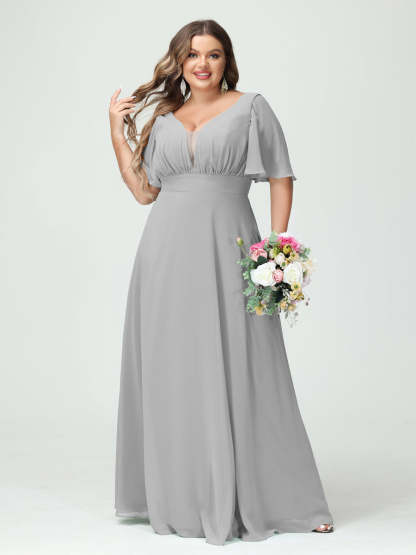 Plus Size Chiffon Bridesmaid Dresses with Pockets in A-Line/Princess V-Neck Half Sleeves