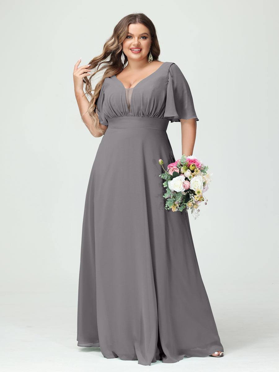 Plus Size Chiffon Bridesmaid Dresses with Pockets in A-Line/Princess V-Neck Half Sleeves