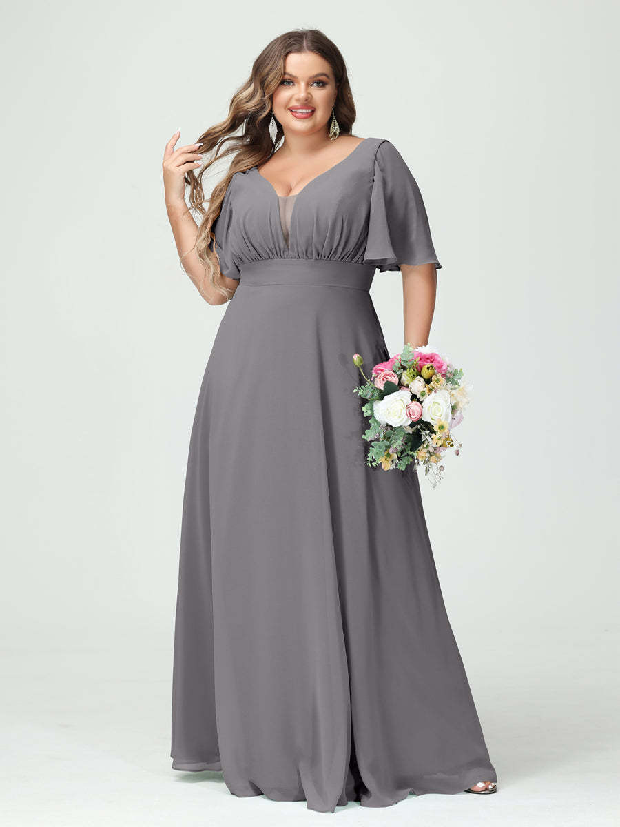 Plus Size Chiffon Bridesmaid Dresses with Pockets in A-Line/Princess V-Neck Half Sleeves