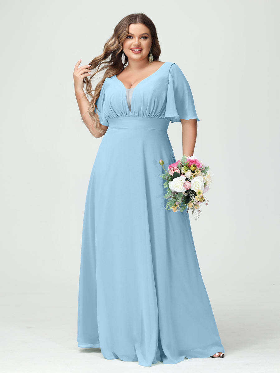 Plus Size Chiffon Bridesmaid Dresses with Pockets in A-Line/Princess V-Neck Half Sleeves