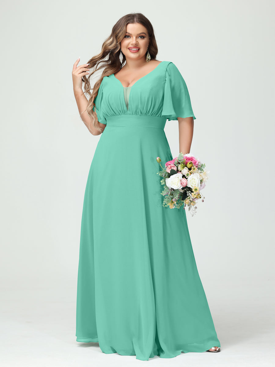 Plus Size Chiffon Bridesmaid Dresses with Pockets in A-Line/Princess V-Neck Half Sleeves