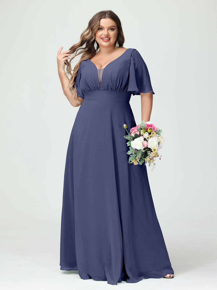 Plus Size Chiffon Bridesmaid Dresses with Pockets in A-Line/Princess V-Neck Half Sleeves