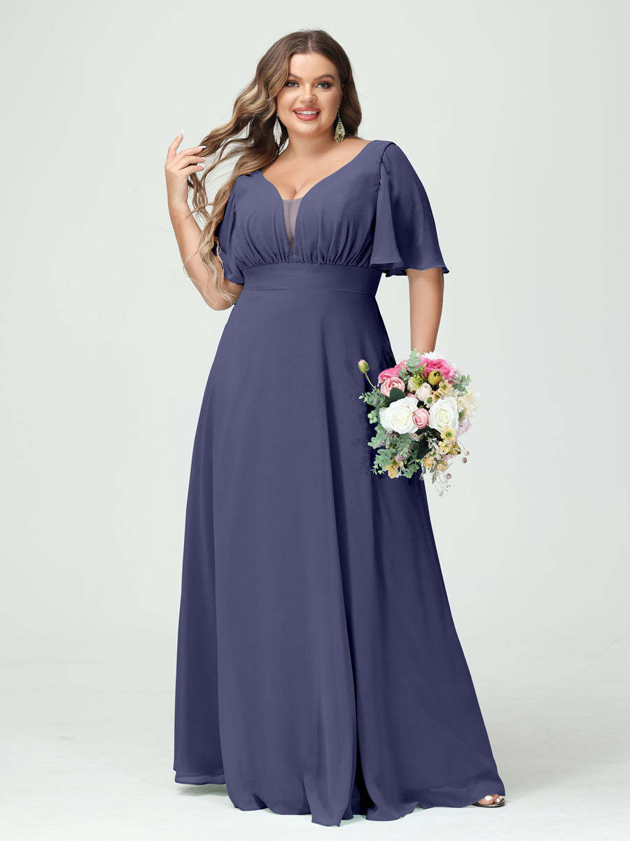 Plus Size Chiffon Bridesmaid Dresses with Pockets in A-Line/Princess V-Neck Half Sleeves