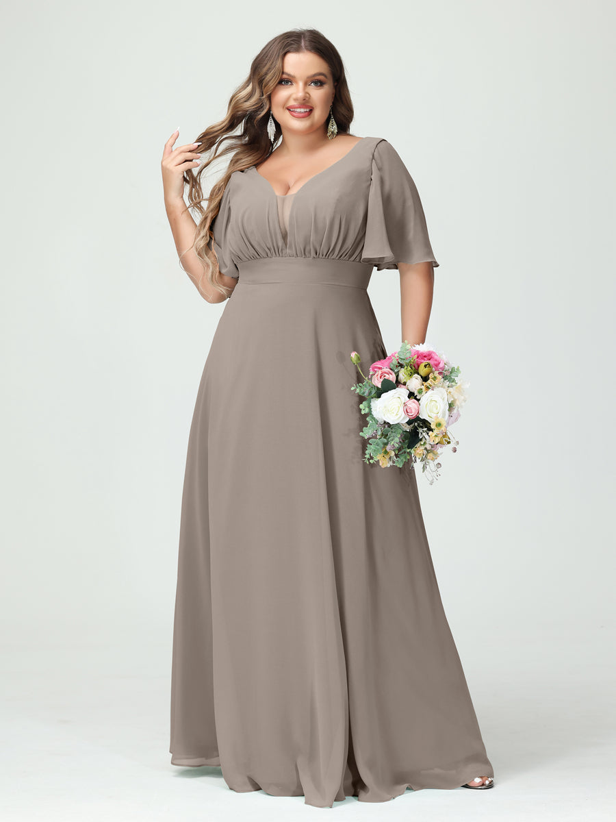 Plus Size Chiffon Bridesmaid Dresses with Pockets in A-Line/Princess V-Neck Half Sleeves
