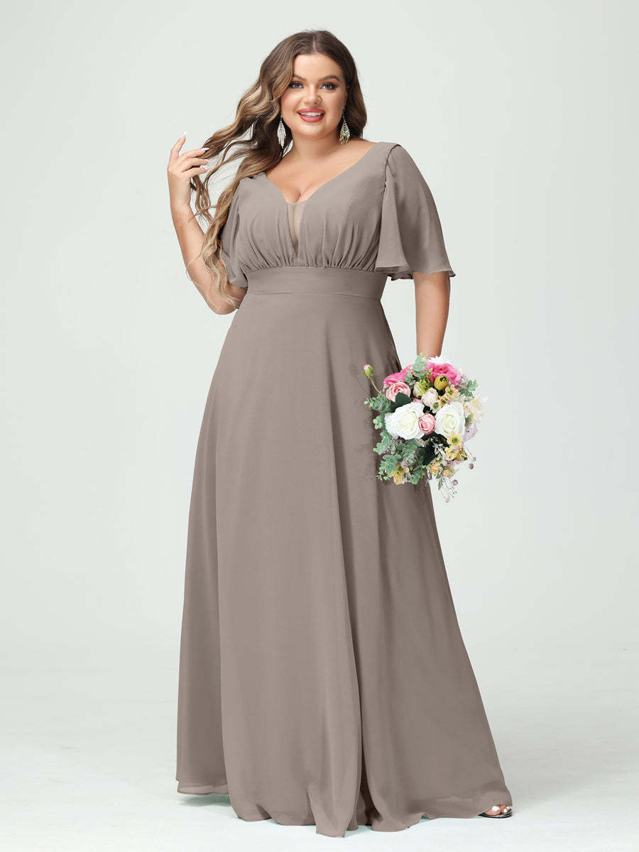 Plus Size Chiffon Bridesmaid Dresses with Pockets in A-Line/Princess V-Neck Half Sleeves