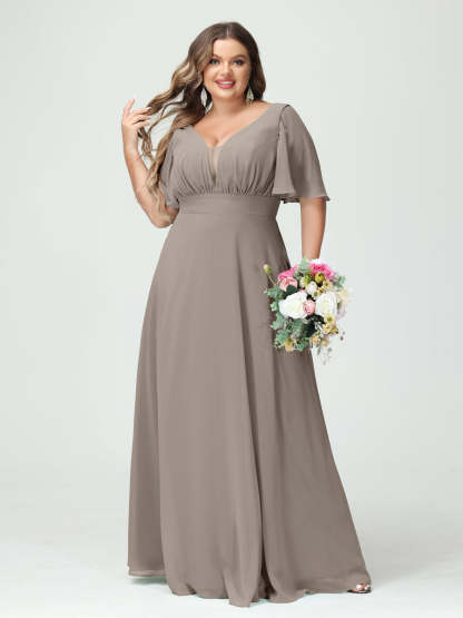 Plus Size Chiffon Bridesmaid Dresses with Pockets in A-Line/Princess V-Neck Half Sleeves