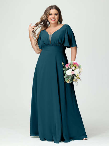 Plus Size Chiffon Bridesmaid Dresses with Pockets in A-Line/Princess V-Neck Half Sleeves