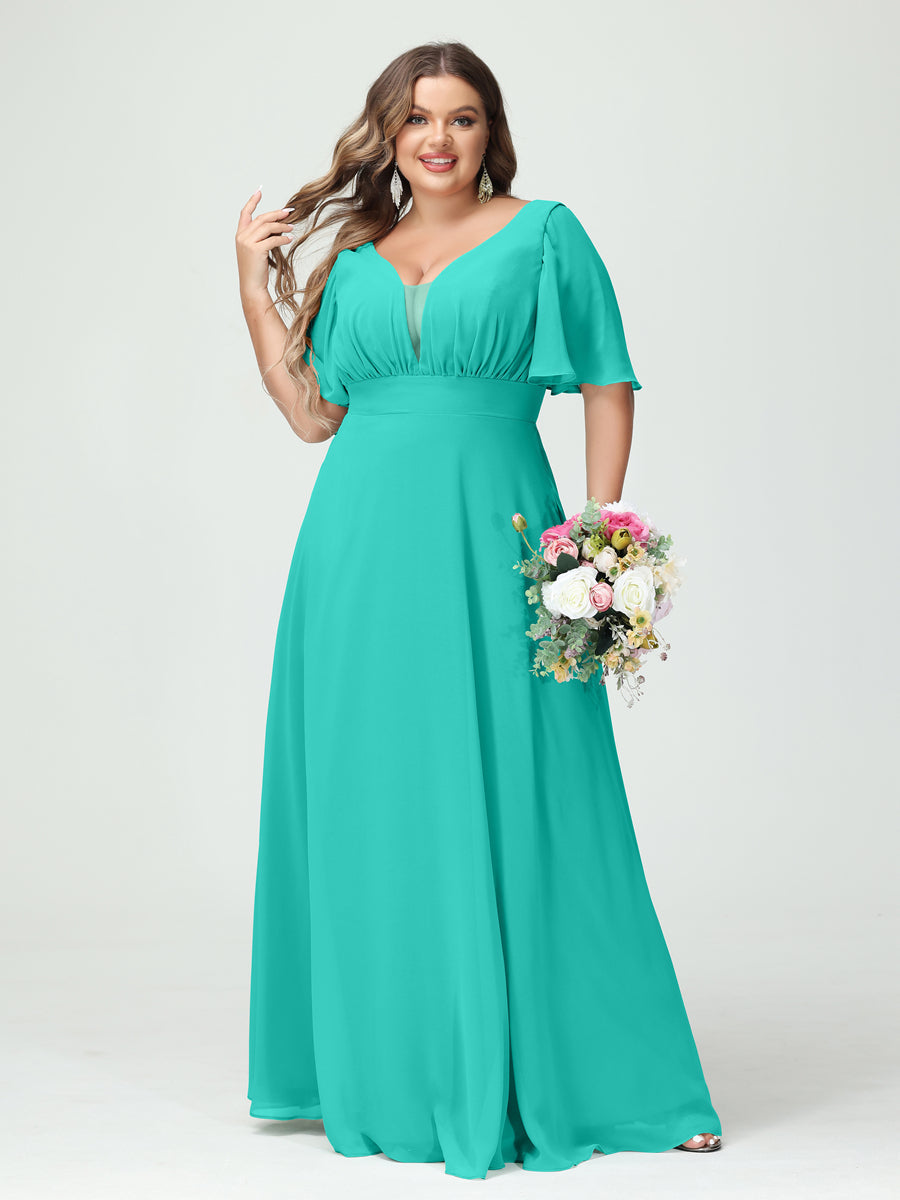 Plus Size Chiffon Bridesmaid Dresses with Pockets in A-Line/Princess V-Neck Half Sleeves