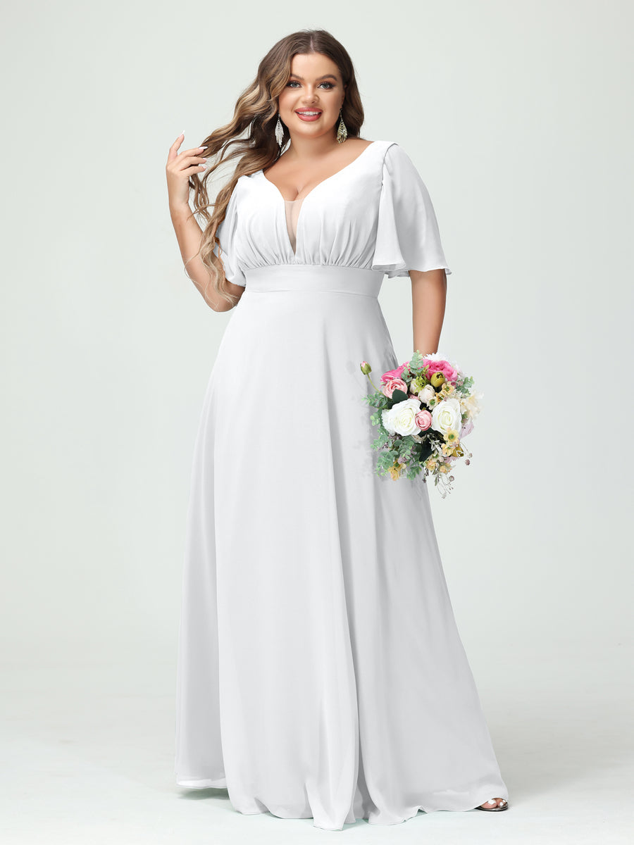 Plus Size Chiffon Bridesmaid Dresses with Pockets in A-Line/Princess V-Neck Half Sleeves
