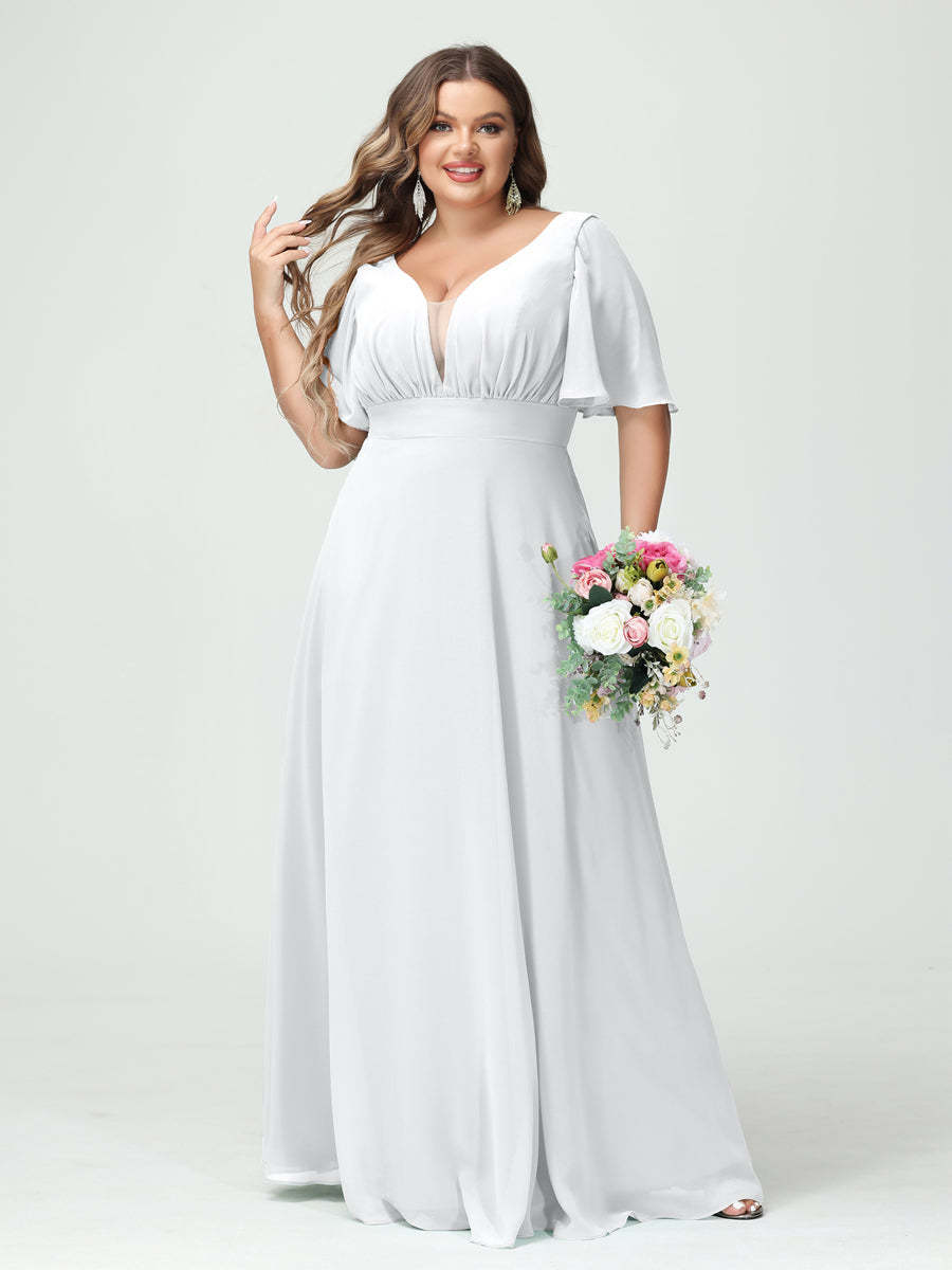 Plus Size Chiffon Bridesmaid Dresses with Pockets in A-Line/Princess V-Neck Half Sleeves