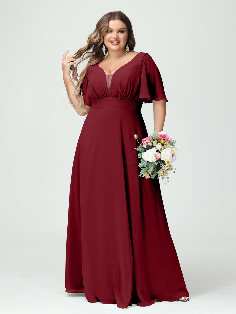 Plus Size Chiffon Bridesmaid Dresses with Pockets in A-Line/Princess V-Neck Half Sleeves