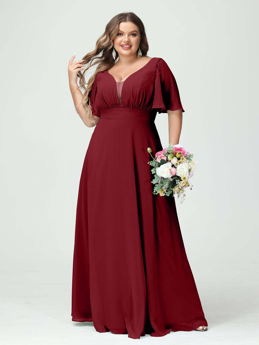 Plus Size Chiffon Bridesmaid Dresses with Pockets in A-Line/Princess V-Neck Half Sleeves