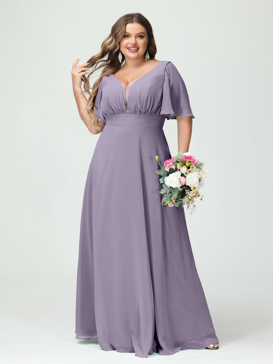 Plus Size Chiffon Bridesmaid Dresses with Pockets in A-Line/Princess V-Neck Half Sleeves