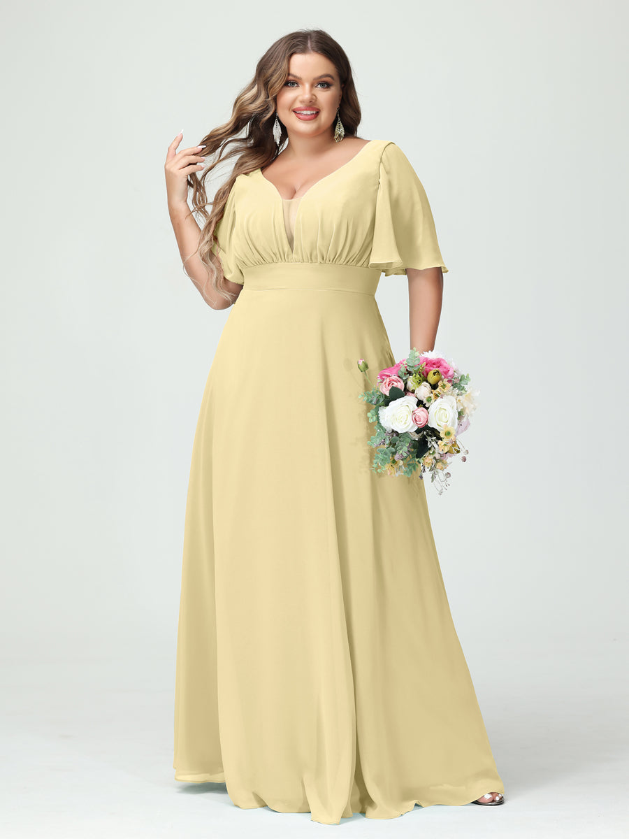 Plus Size Chiffon Bridesmaid Dresses with Pockets in A-Line/Princess V-Neck Half Sleeves