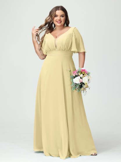 Plus Size Chiffon Bridesmaid Dresses with Pockets in A-Line/Princess V-Neck Half Sleeves