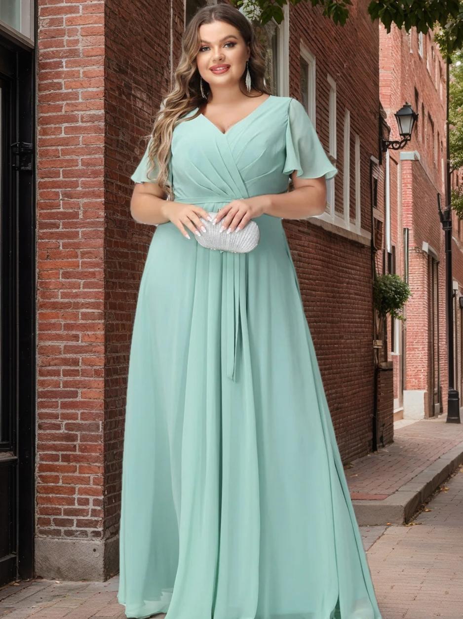 Plus Size V-Neck A-Line Bridesmaid Dress with Short Sleeves, Side Split, Pockets, and Belt