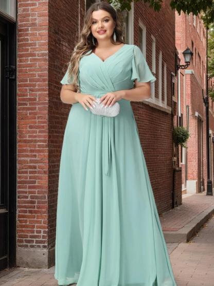 Plus Size V-Neck A-Line Bridesmaid Dress with Short Sleeves, Side Split, Pockets, and Belt