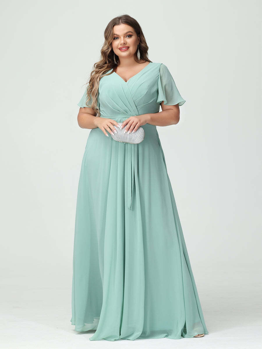 Plus Size V-Neck A-Line Bridesmaid Dress with Short Sleeves, Side Split, Pockets, and Belt