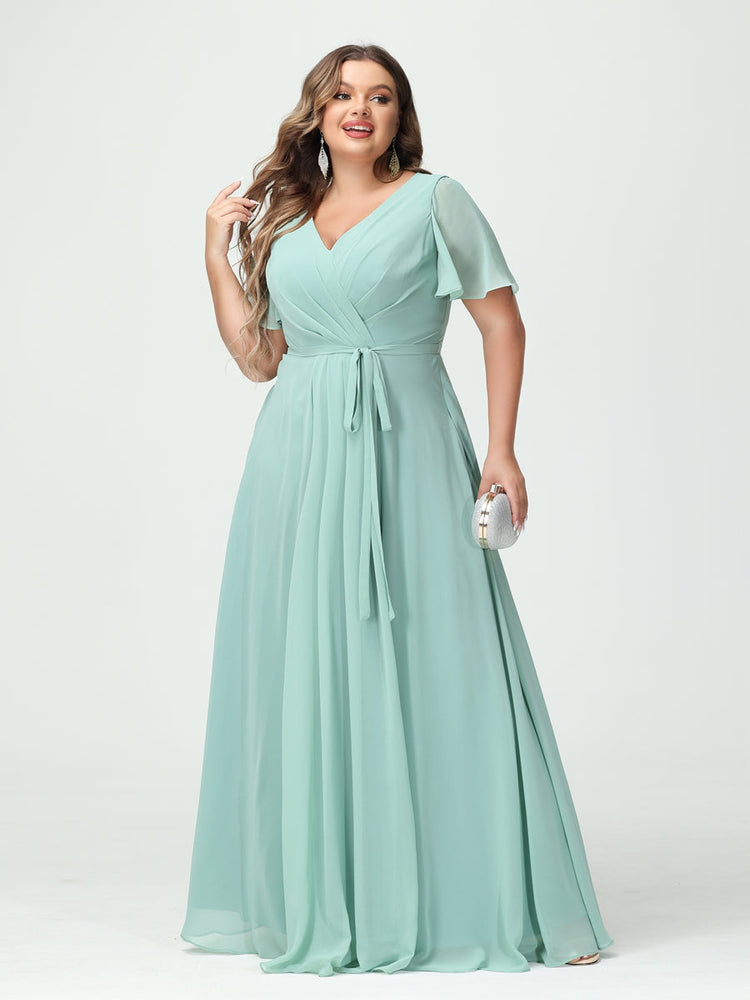 Plus Size V-Neck A-Line Bridesmaid Dress with Short Sleeves, Side Split, Pockets, and Belt