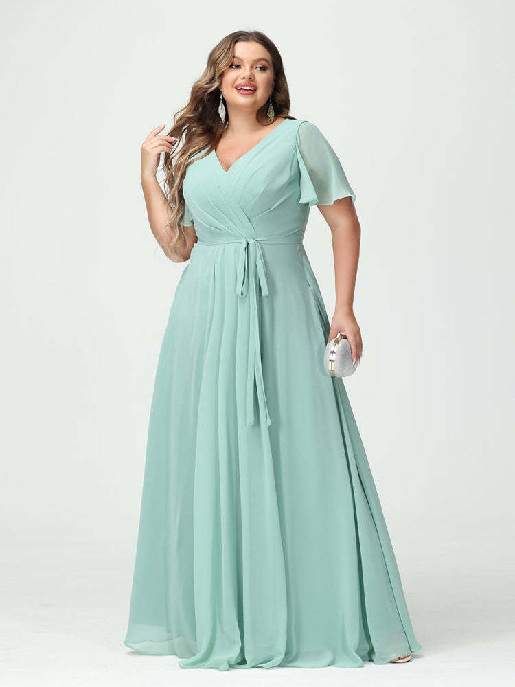 Plus Size V-Neck A-Line Bridesmaid Dress with Short Sleeves, Side Split, Pockets, and Belt