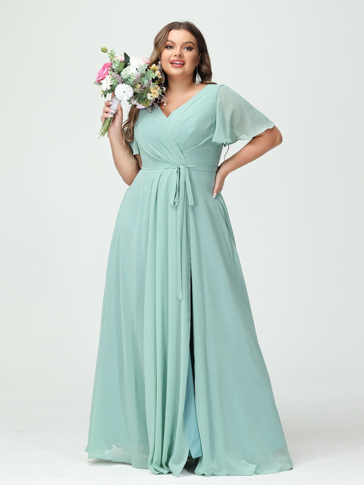 Plus Size V-Neck A-Line Bridesmaid Dress with Short Sleeves, Side Split, Pockets, and Belt