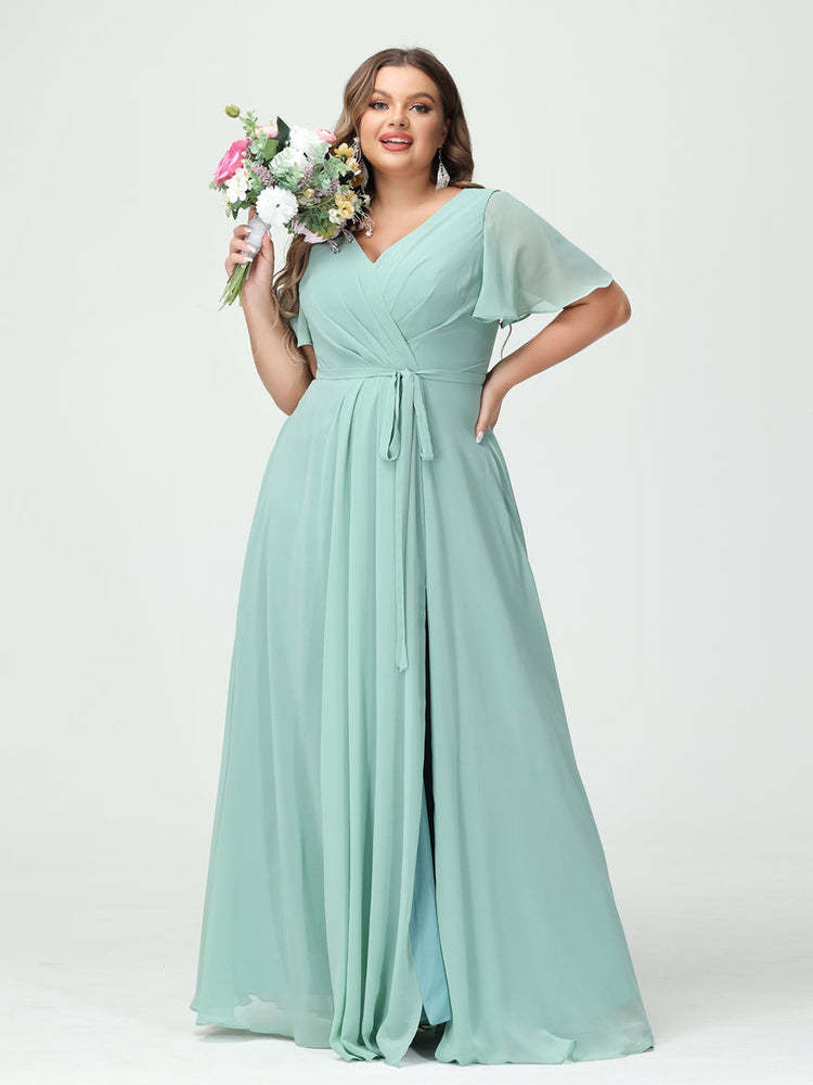Plus Size V-Neck A-Line Bridesmaid Dress with Short Sleeves, Side Split, Pockets, and Belt