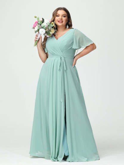 Plus Size V-Neck A-Line Bridesmaid Dress with Short Sleeves, Side Split, Pockets, and Belt