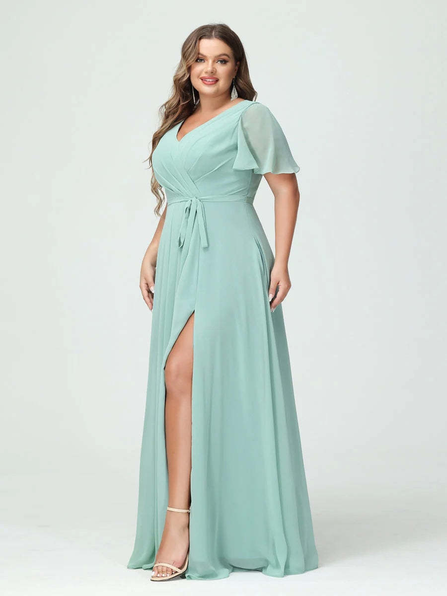 Plus Size V-Neck A-Line Bridesmaid Dress with Short Sleeves, Side Split, Pockets, and Belt
