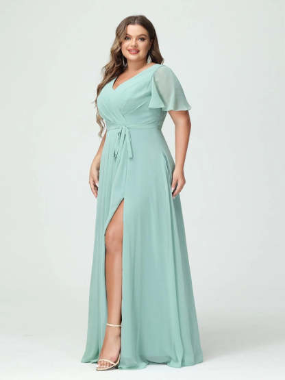 Plus Size V-Neck A-Line Bridesmaid Dress with Short Sleeves, Side Split, Pockets, and Belt
