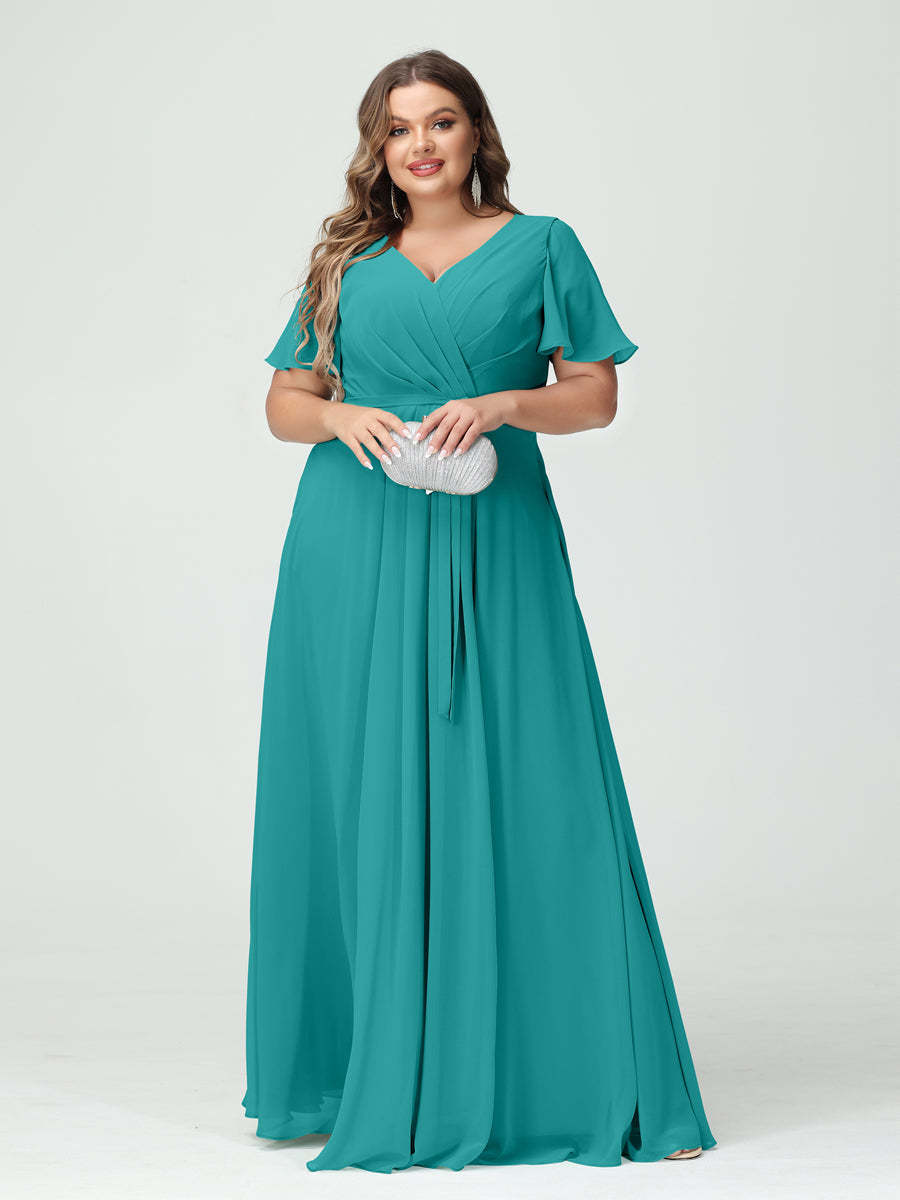 Plus Size V-Neck A-Line Bridesmaid Dress with Short Sleeves, Side Split, Pockets, and Belt