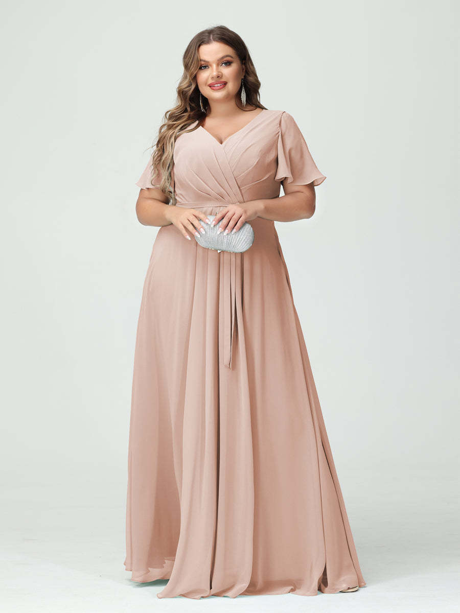 Plus Size V-Neck A-Line Bridesmaid Dress with Short Sleeves, Side Split, Pockets, and Belt
