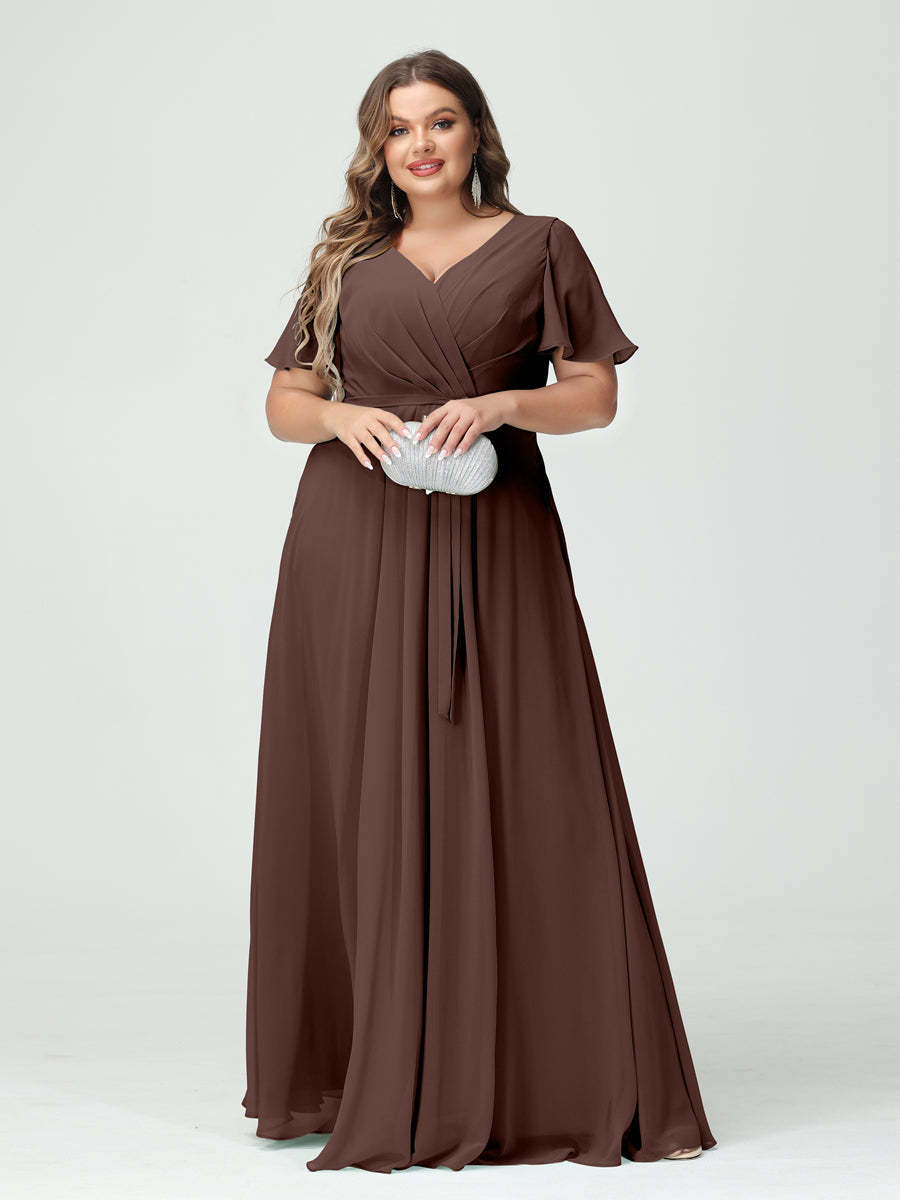 Plus Size V-Neck A-Line Bridesmaid Dress with Short Sleeves, Side Split, Pockets, and Belt