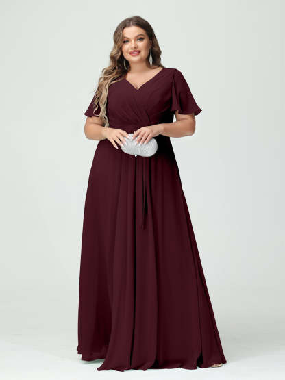 Plus Size V-Neck A-Line Bridesmaid Dress with Short Sleeves, Side Split, Pockets, and Belt