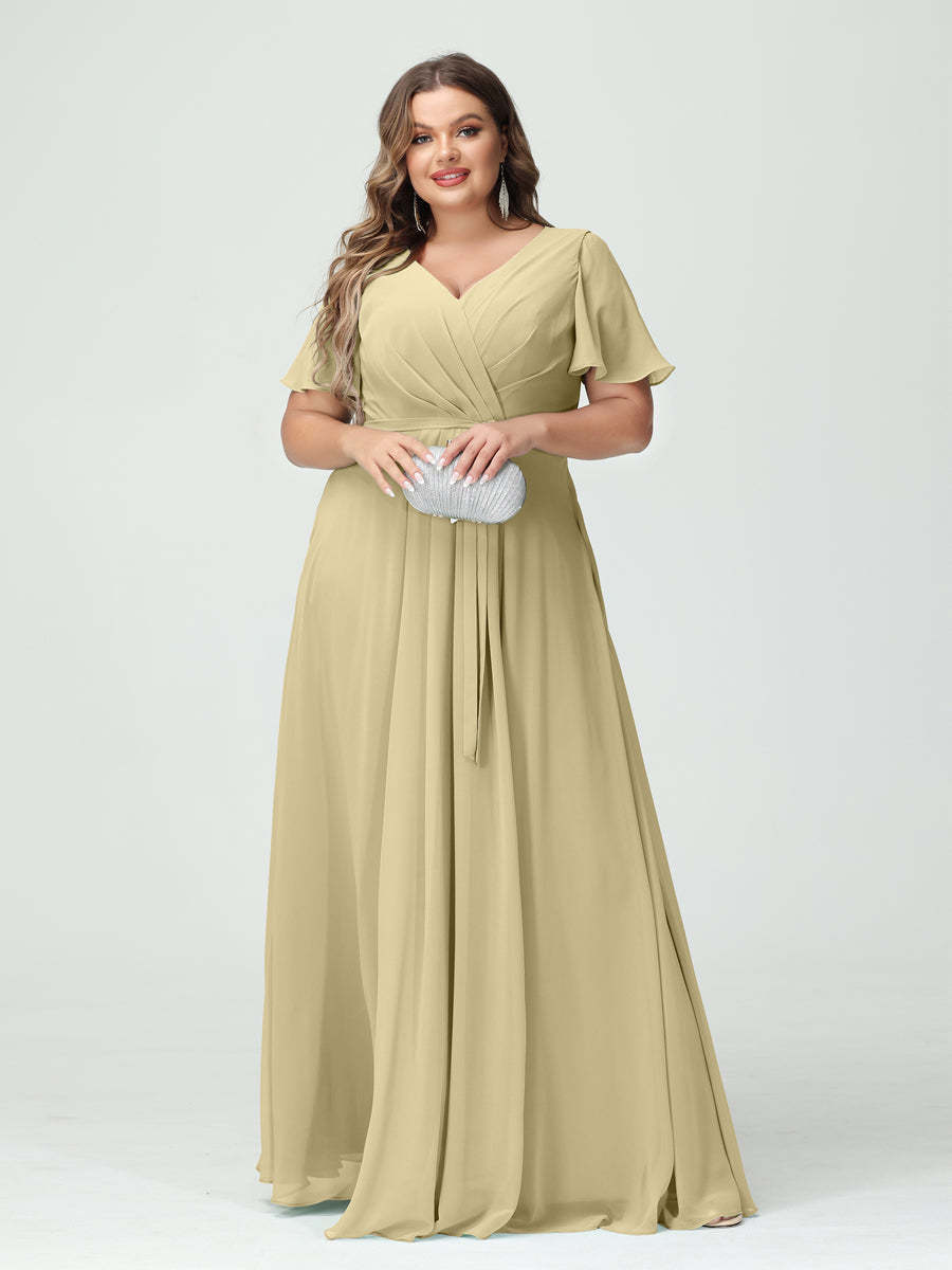 Plus Size V-Neck A-Line Bridesmaid Dress with Short Sleeves, Side Split, Pockets, and Belt