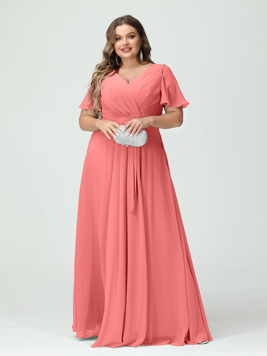 Plus Size V-Neck A-Line Bridesmaid Dress with Short Sleeves, Side Split, Pockets, and Belt