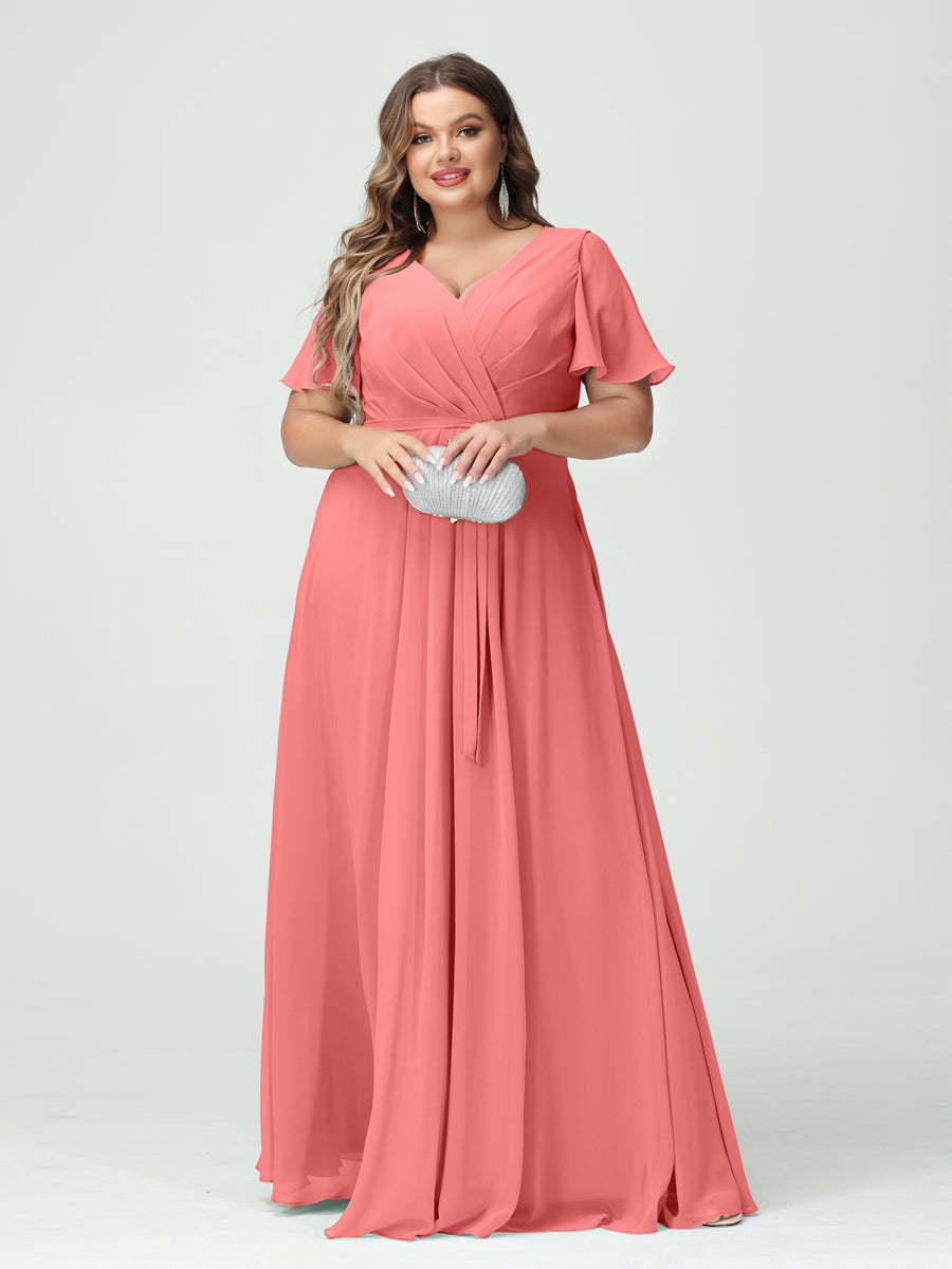 Plus Size V-Neck A-Line Bridesmaid Dress with Short Sleeves, Side Split, Pockets, and Belt