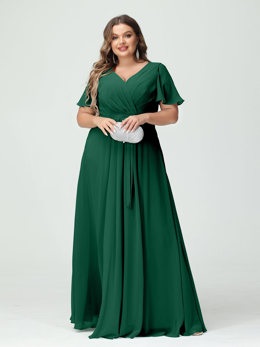 Plus Size V-Neck A-Line Bridesmaid Dress with Short Sleeves, Side Split, Pockets, and Belt