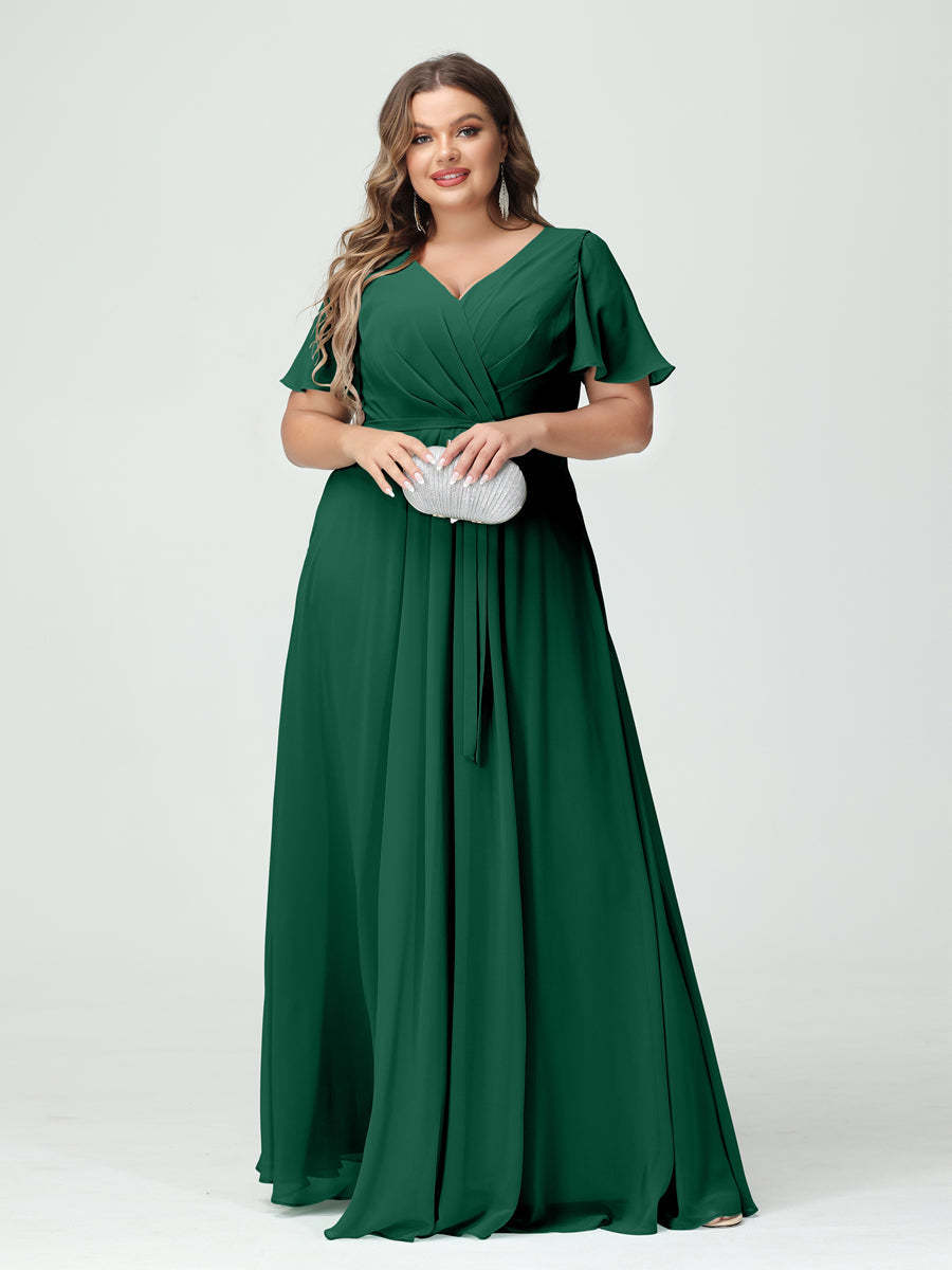 Plus Size V-Neck A-Line Bridesmaid Dress with Short Sleeves, Side Split, Pockets, and Belt